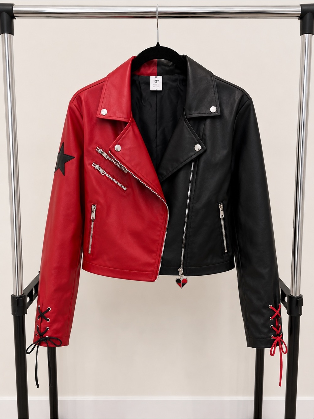DC “Harley Quinn” Two-Tone Red & Black Lace-Up Moto Jacket